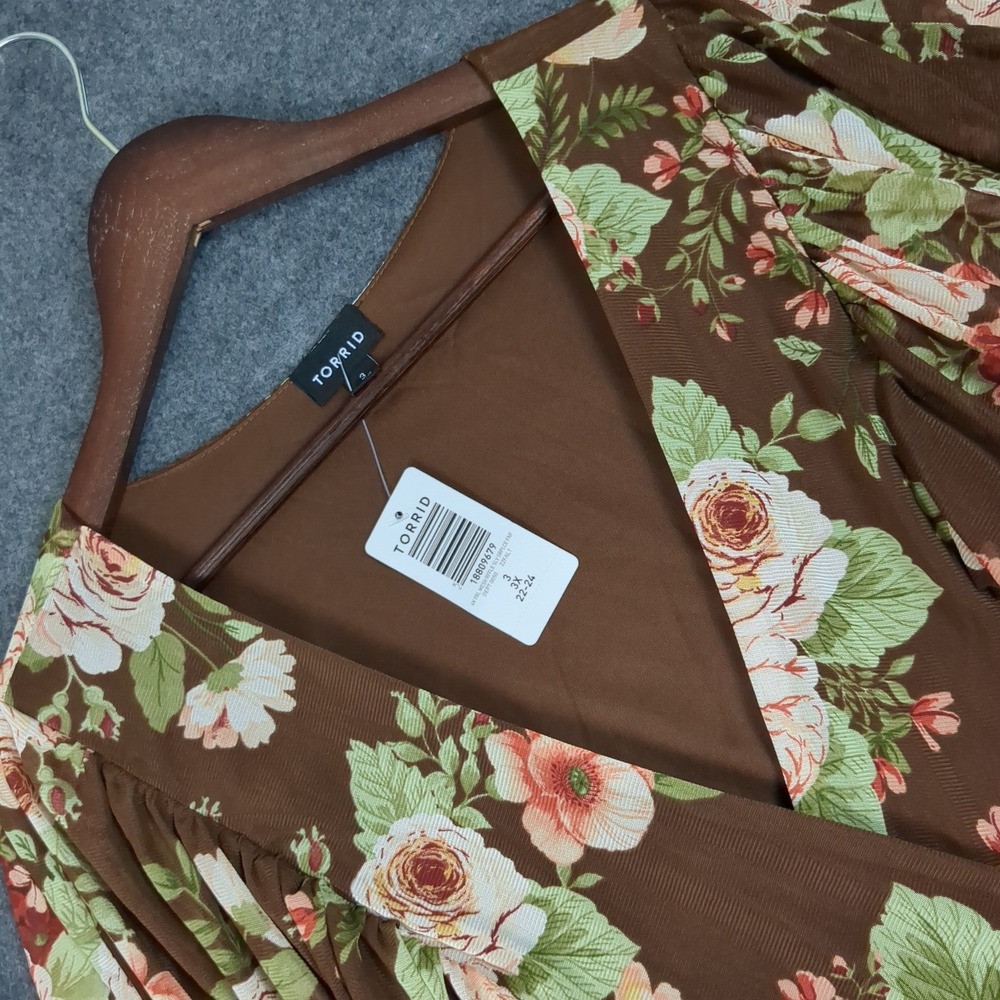 Torrid Brown Floral Mesh Ruffle Sleeve Surplice Peplum Top Plus Size 3 3X 22-24